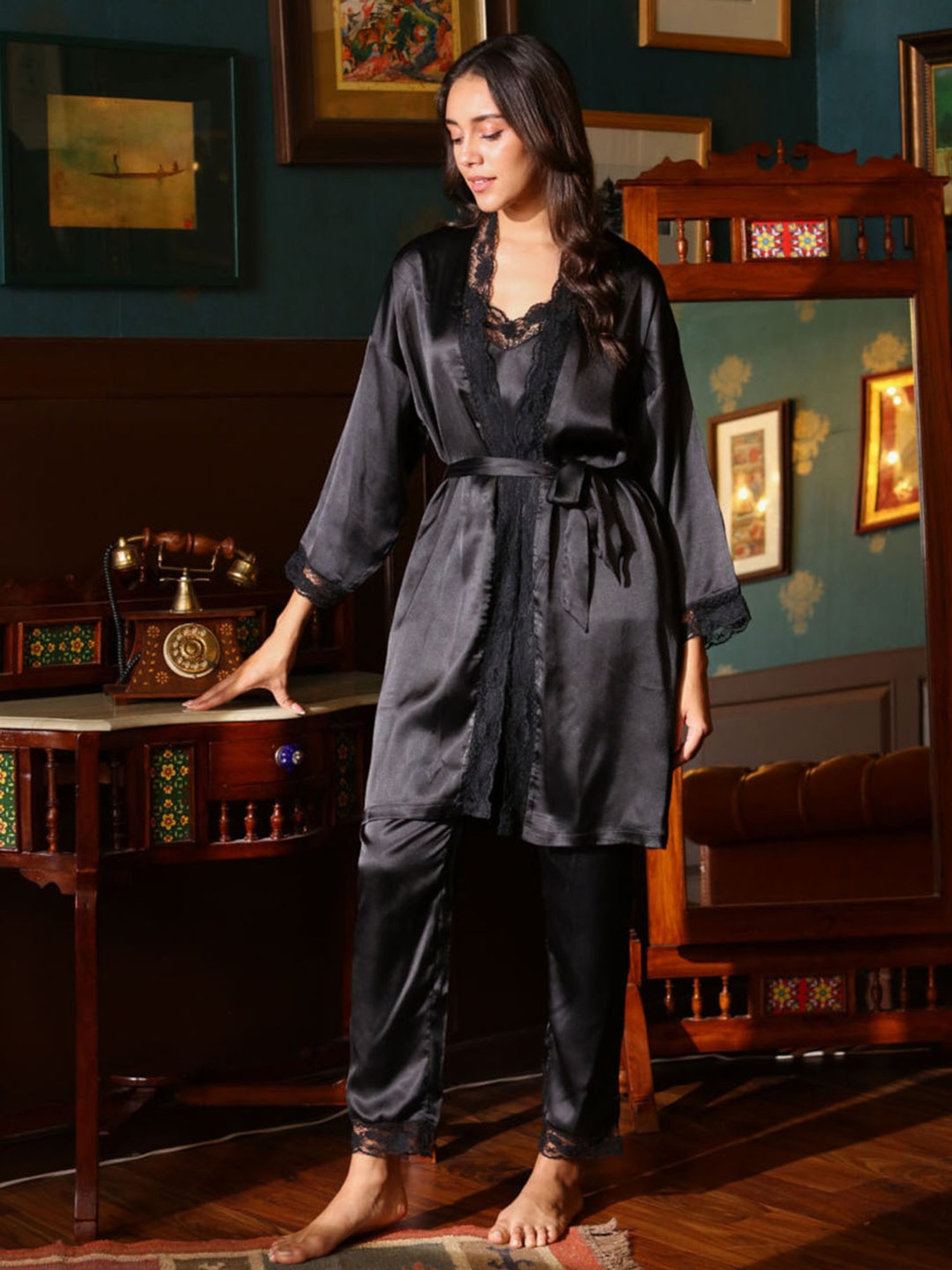 Dusk Attire Black Smooth Smoke Satin 3 Piece Robe & Cami Pyjama Set