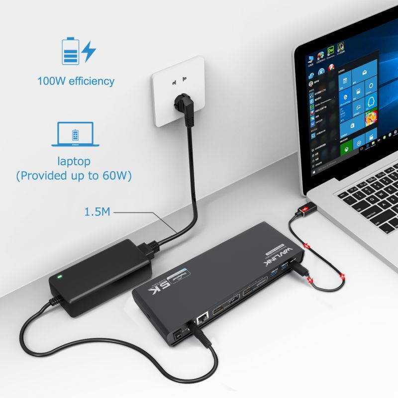 Wavlink USB C Dual 4K HDMI&DP Universal Docking, with 60W Power Delivery, Dual 4K@60Hz, Single 5K@60Hz Displaylink Dock 2 x HDMI, 2 x DisplayPort, Gigabit Ethernet, 2 x USB-C Ports, 4 x USB 3.0, Audio