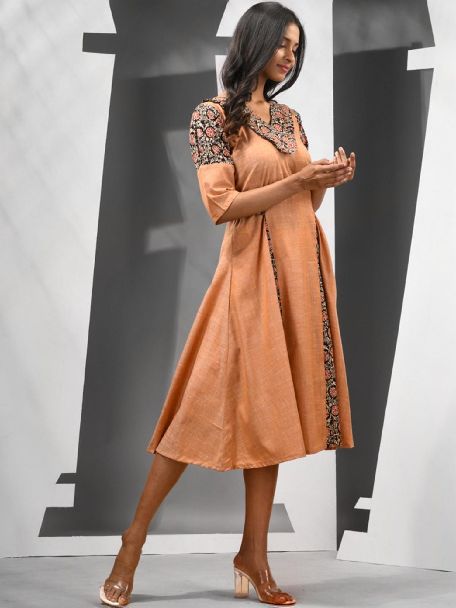 Charukriti Beige Cotton Floral Print A-Line Dress