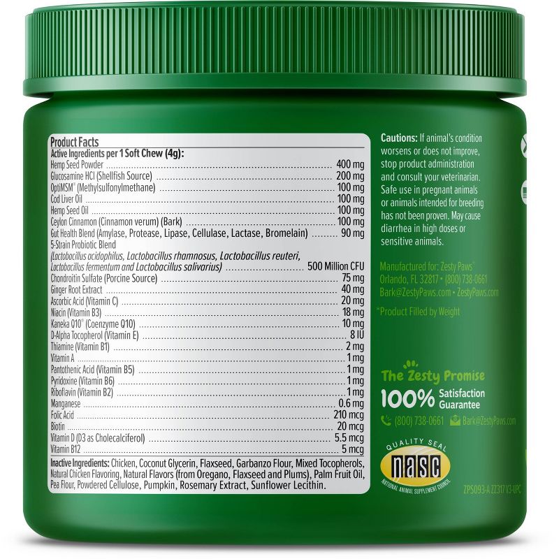 Zesty Paws Hemp Elements 8-in-1 Multifunctional Chicken Flavor Soft Chews Dog Supplement - 90ct