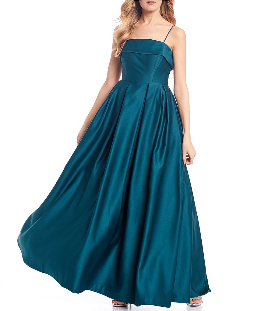 Morgan & Co. Spaghetti Strap Cut-Out Back Satin Ball Gown