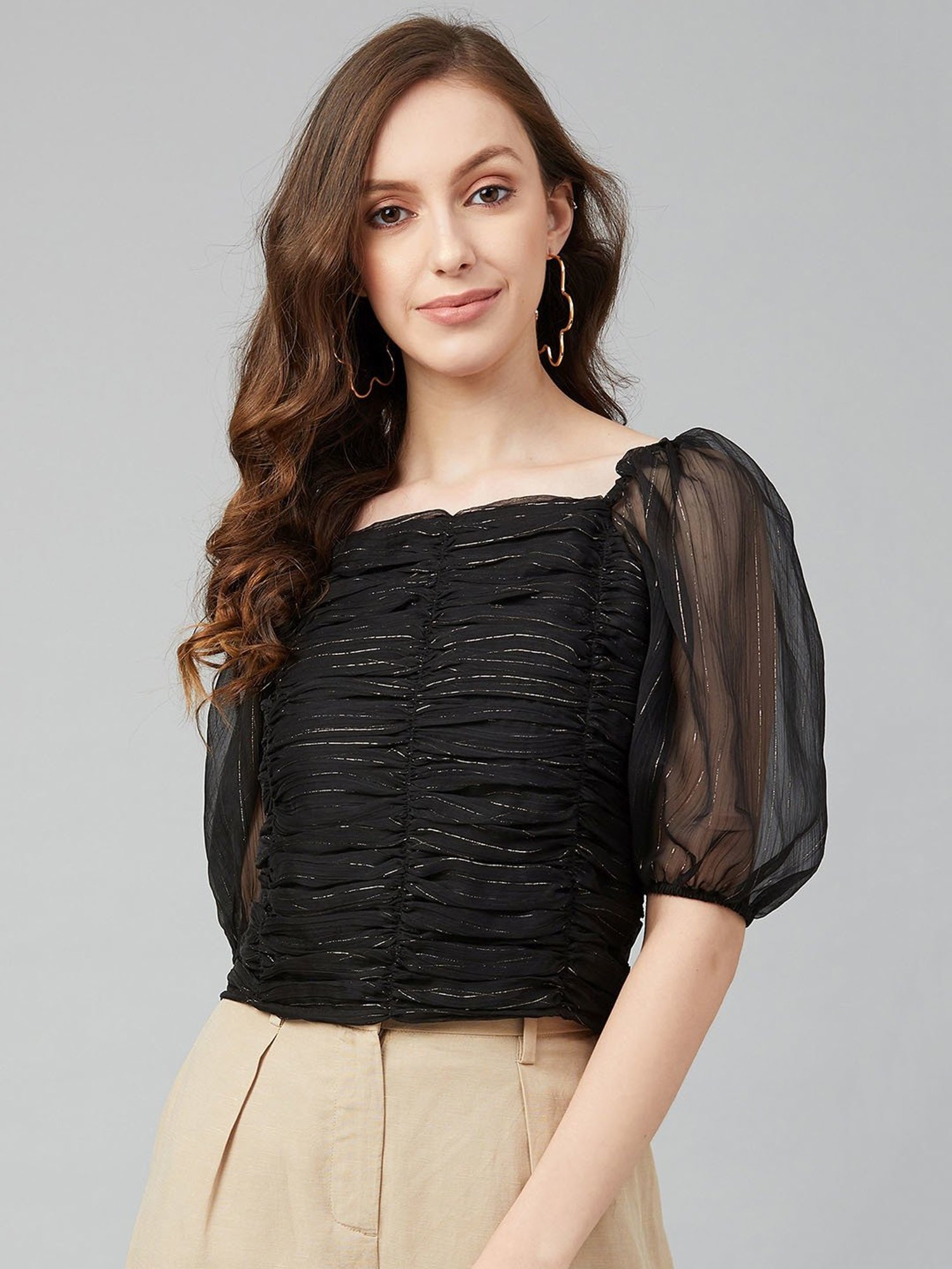 Marie Claire Black Self Design Crop Top