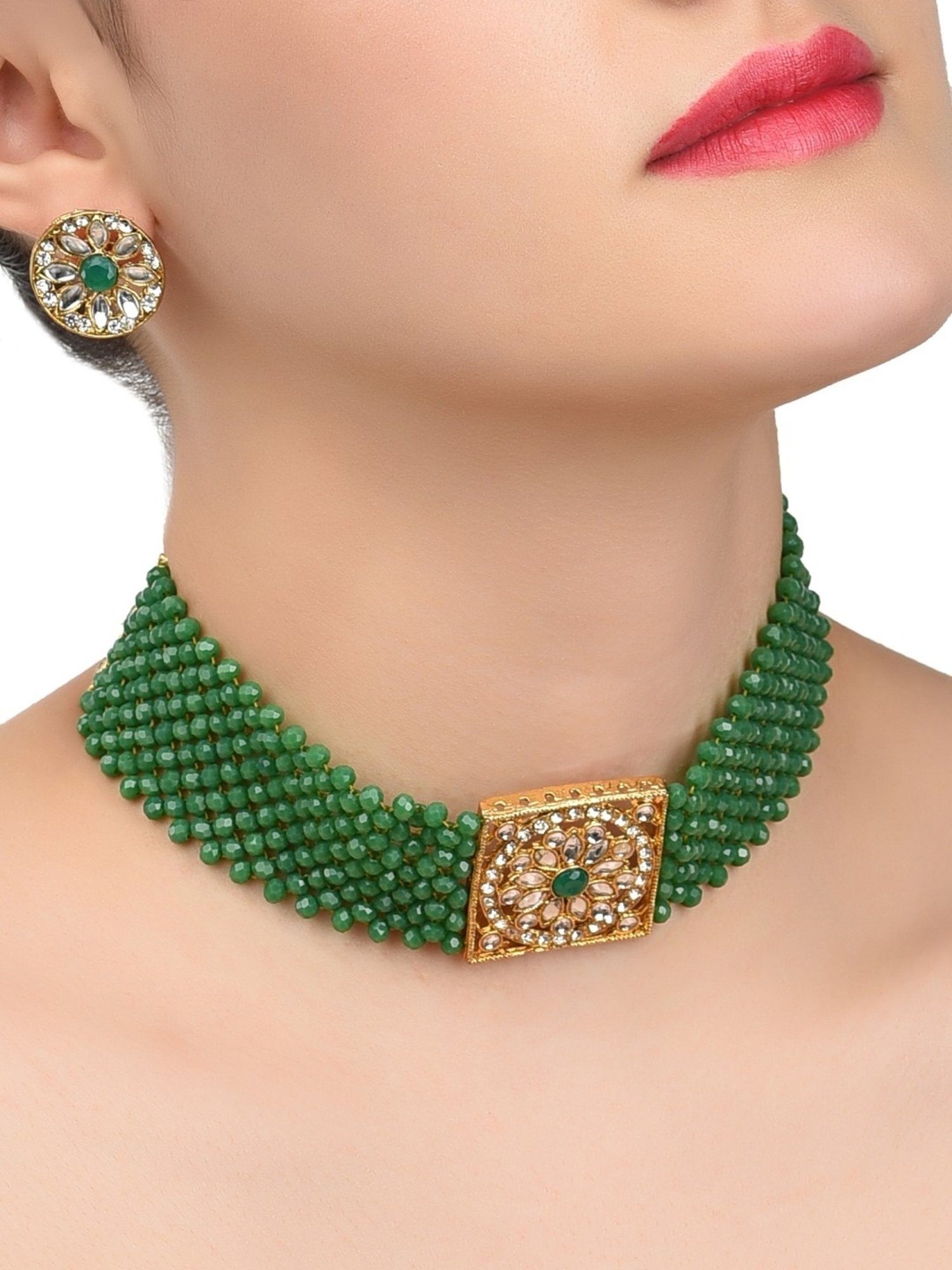 Zaveri Pearls Green Crystal Beads & Kundan Necklace & Earring Set