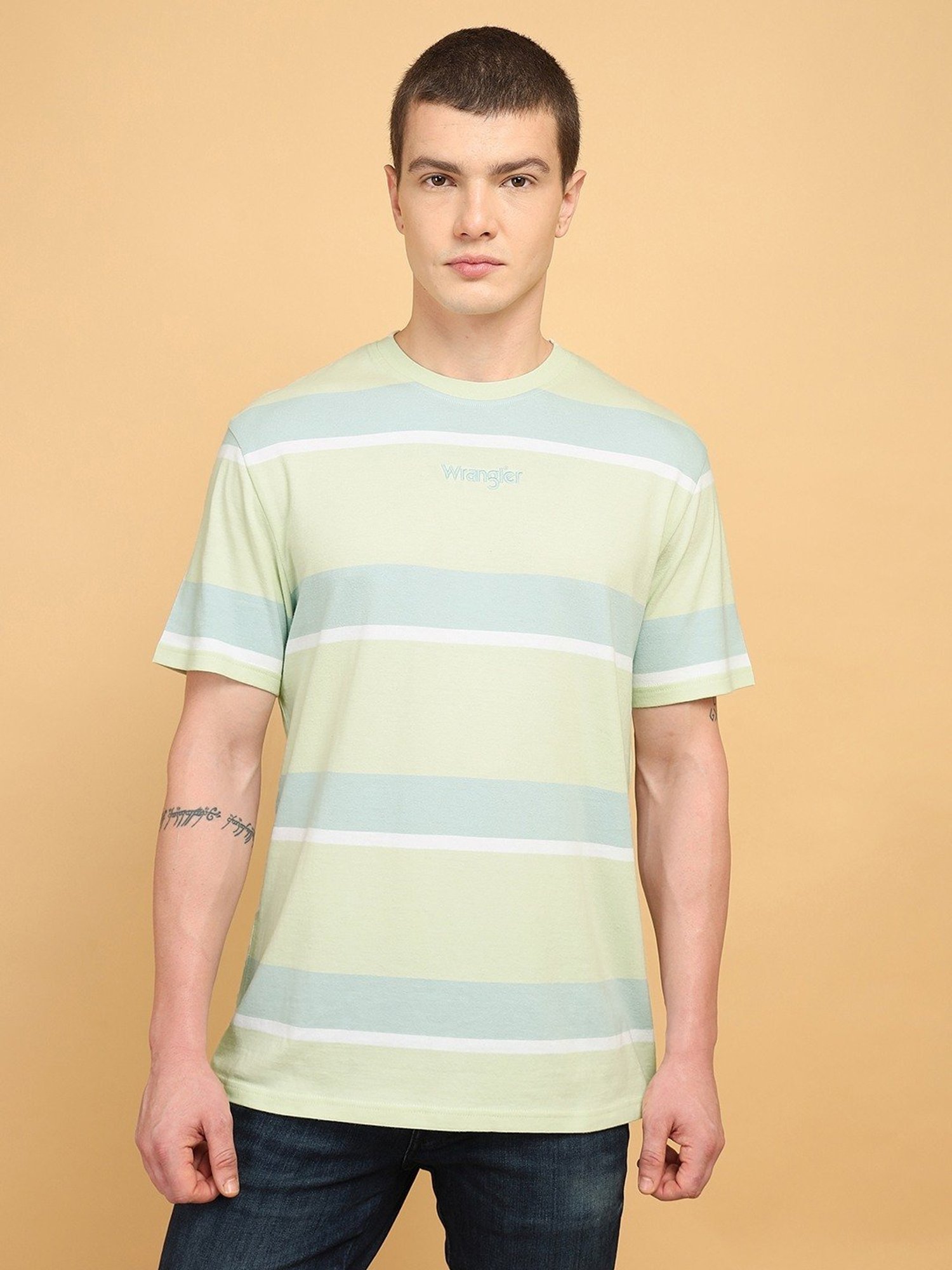 Wrangler Light Green Relaxed Fit Striped T-Shirt