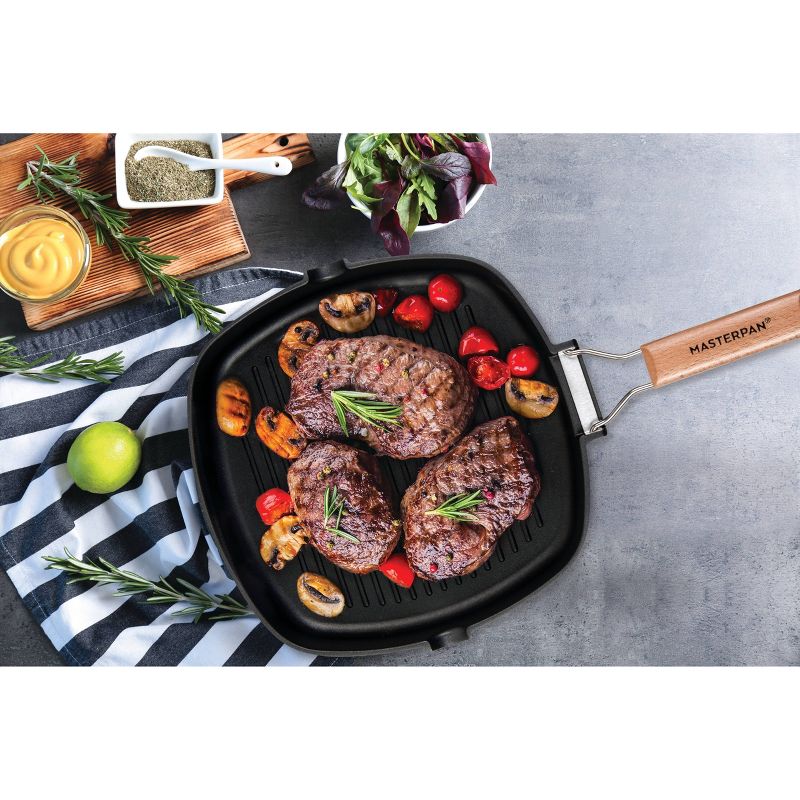 MasterPan 11" Non-Stick Cast Aluminum Grill Pan with Folding Wooden Handle
