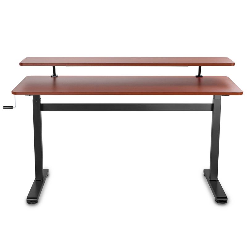 Tranzendesk Standing Desk with Clamp-On Shelf - 55" Sit to Stand Workstation with 55" Monitor Stand - Cherry - Stand Steady