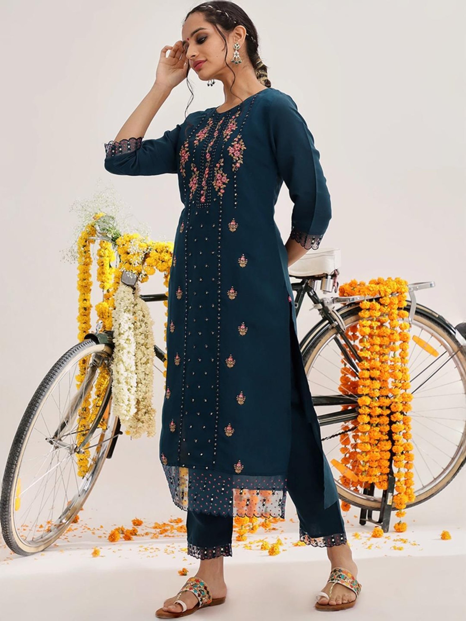 Varanga Teal Blue Embroidered Kurta Pant Set With Dupatta