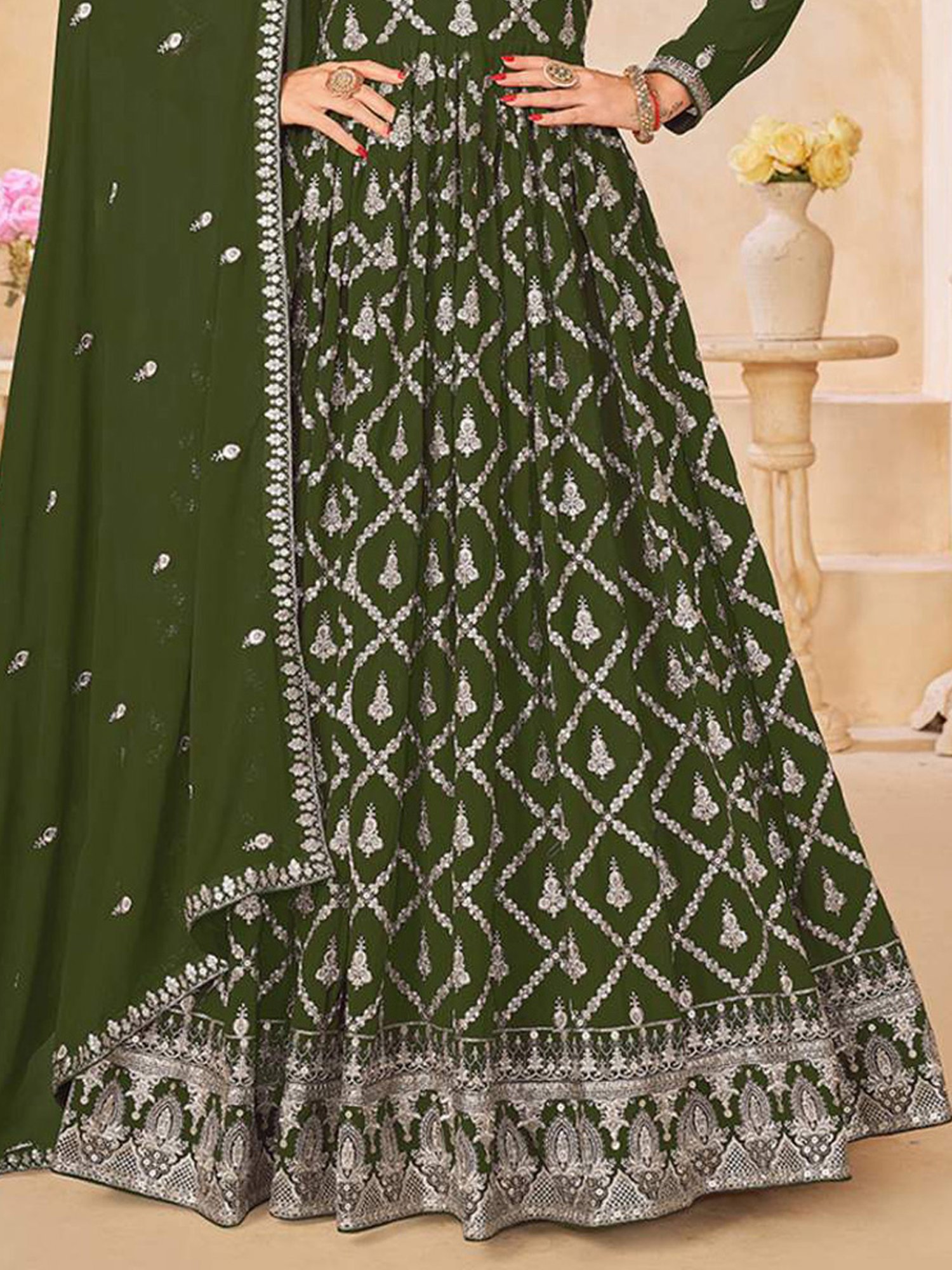 Odette Olive Green Embroidered Unstitched Dress Material