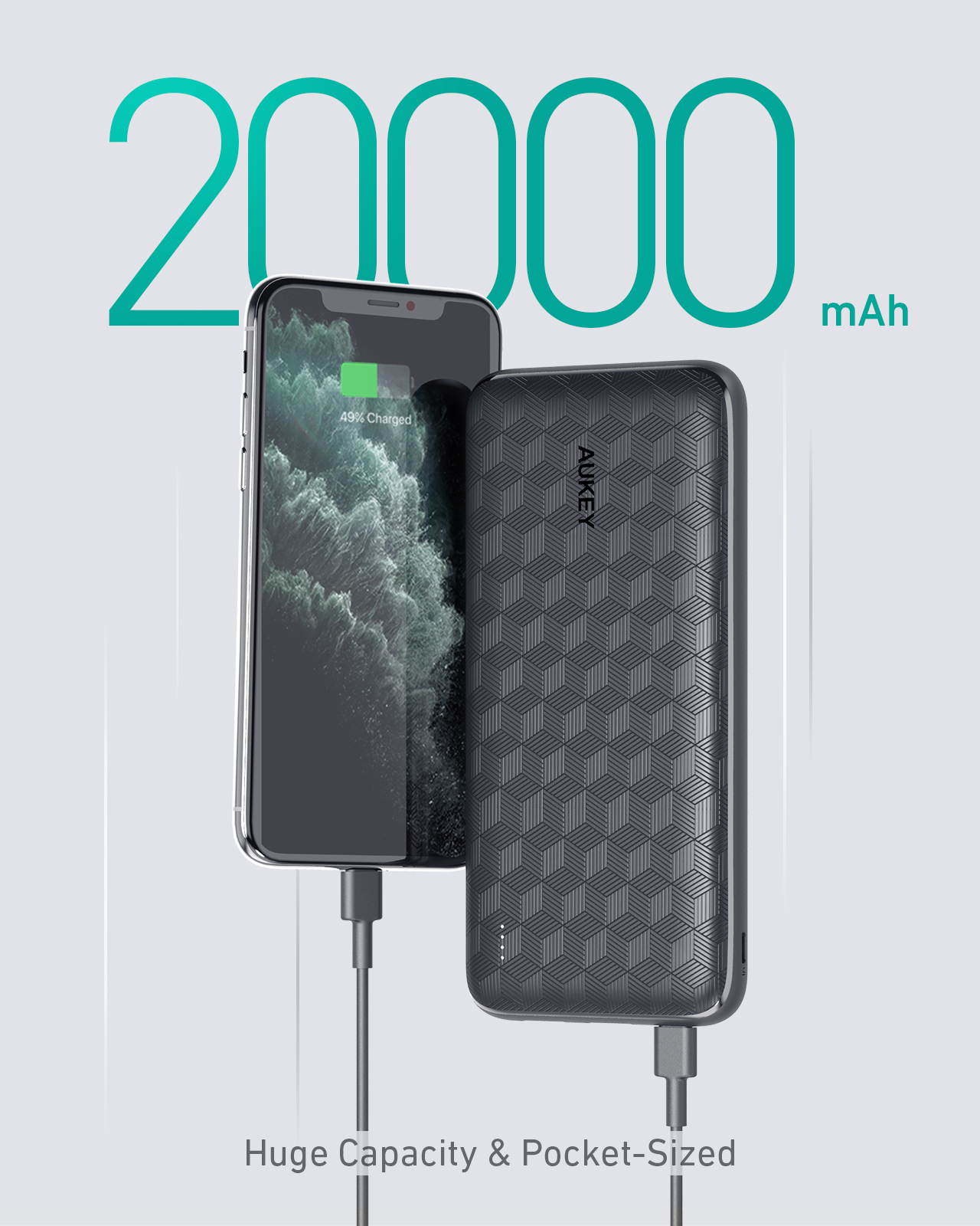 AUKEY Ultra- Slim USB C Power Bank, Portable Charger with Huge 20000mAh Capacity, 2 USB Ports and 1 USB-C Port, Fast Charging Power Bank for iPhone 11/11 Pro, iPad, Samsung Galaxy & More PB-N93