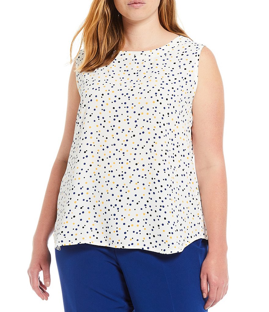 Anne Klein Plus Size Ritz Dot Round Neck Printed Crepe de Chine Sleeveless Shell