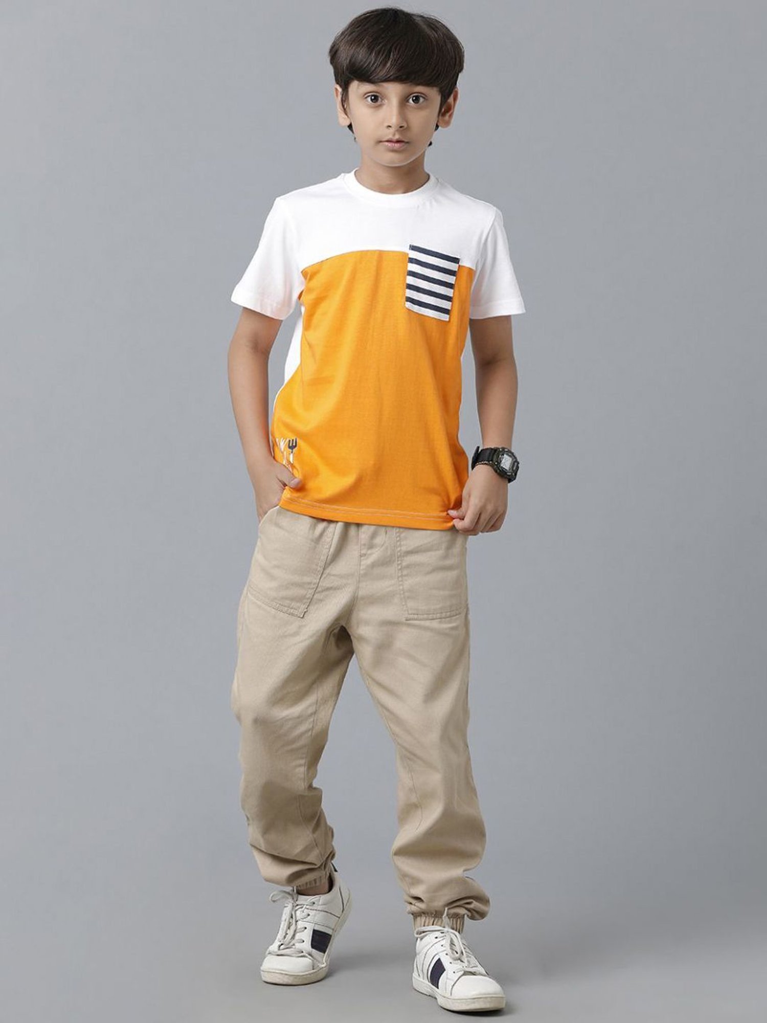 Under Fourteen Only Kids White & Orange Cotton Color Block T-Shirt