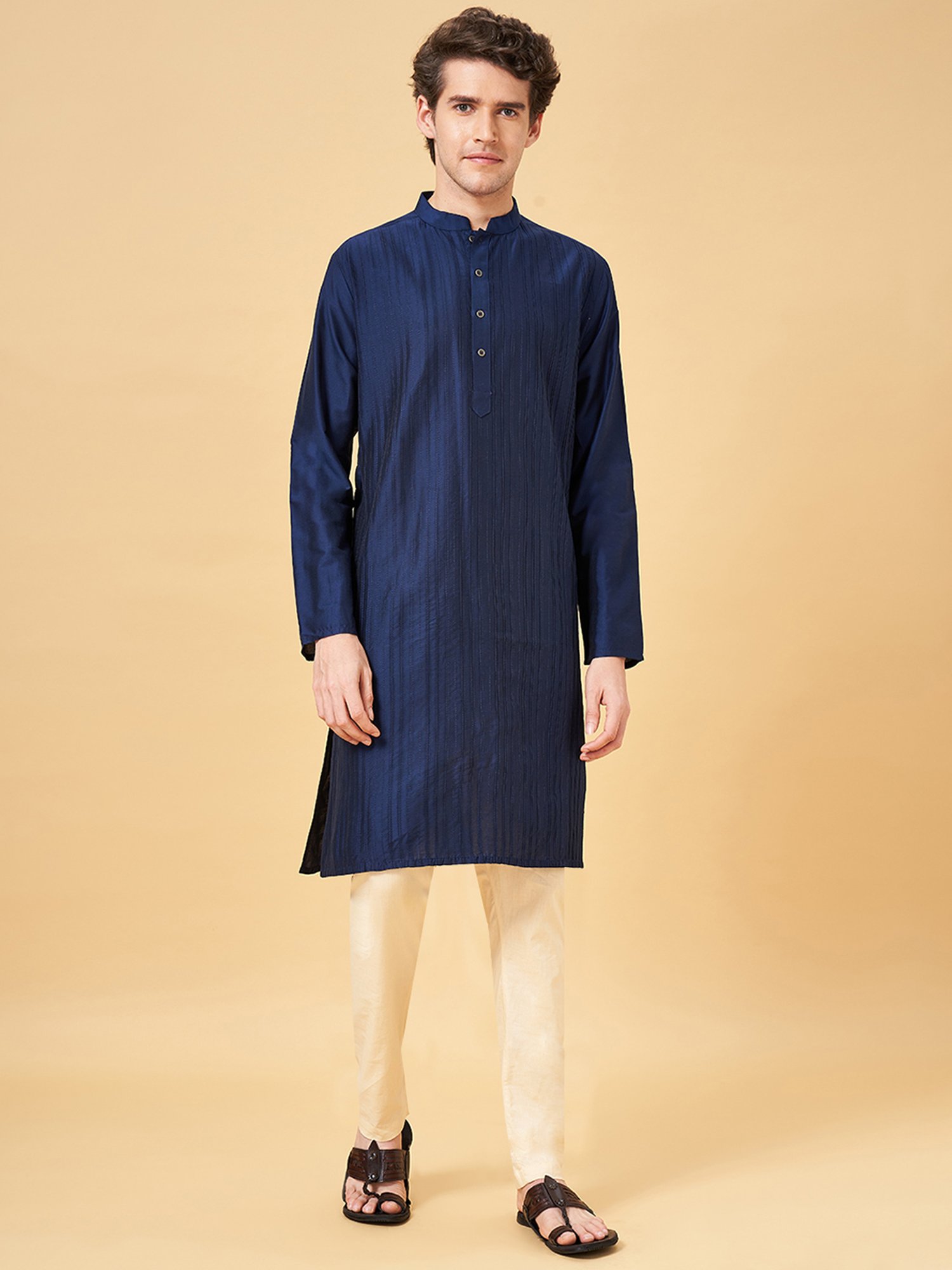 Indus Route by Pantaloons Dark Navy Regular Fit Self Design Kurta