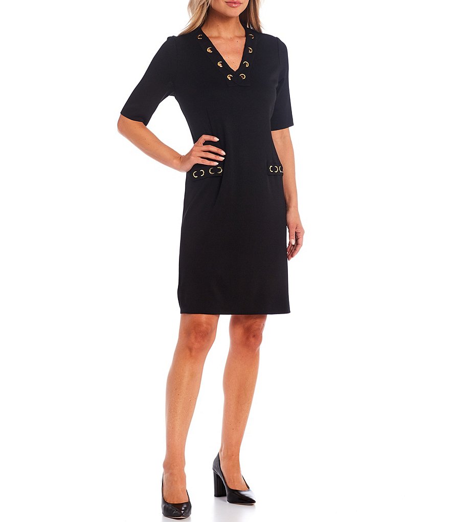 Ming Wang V-Neck Short Sleeve Grommet Lacing Dress