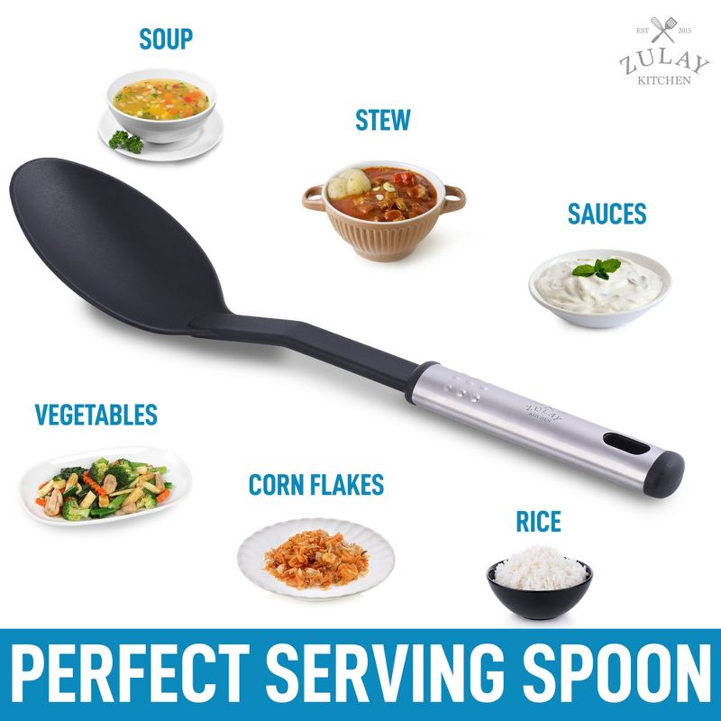 Zulay Kitchen Nylon Serving Spoon - Cooking Spoon with 410&deg;F Heat Resistant Handle - Large Kitchen Serving Spoon For Soups, Stews, and Sauces - Non-Scratch and Nonstick Black Nylon Kitchen Spoon