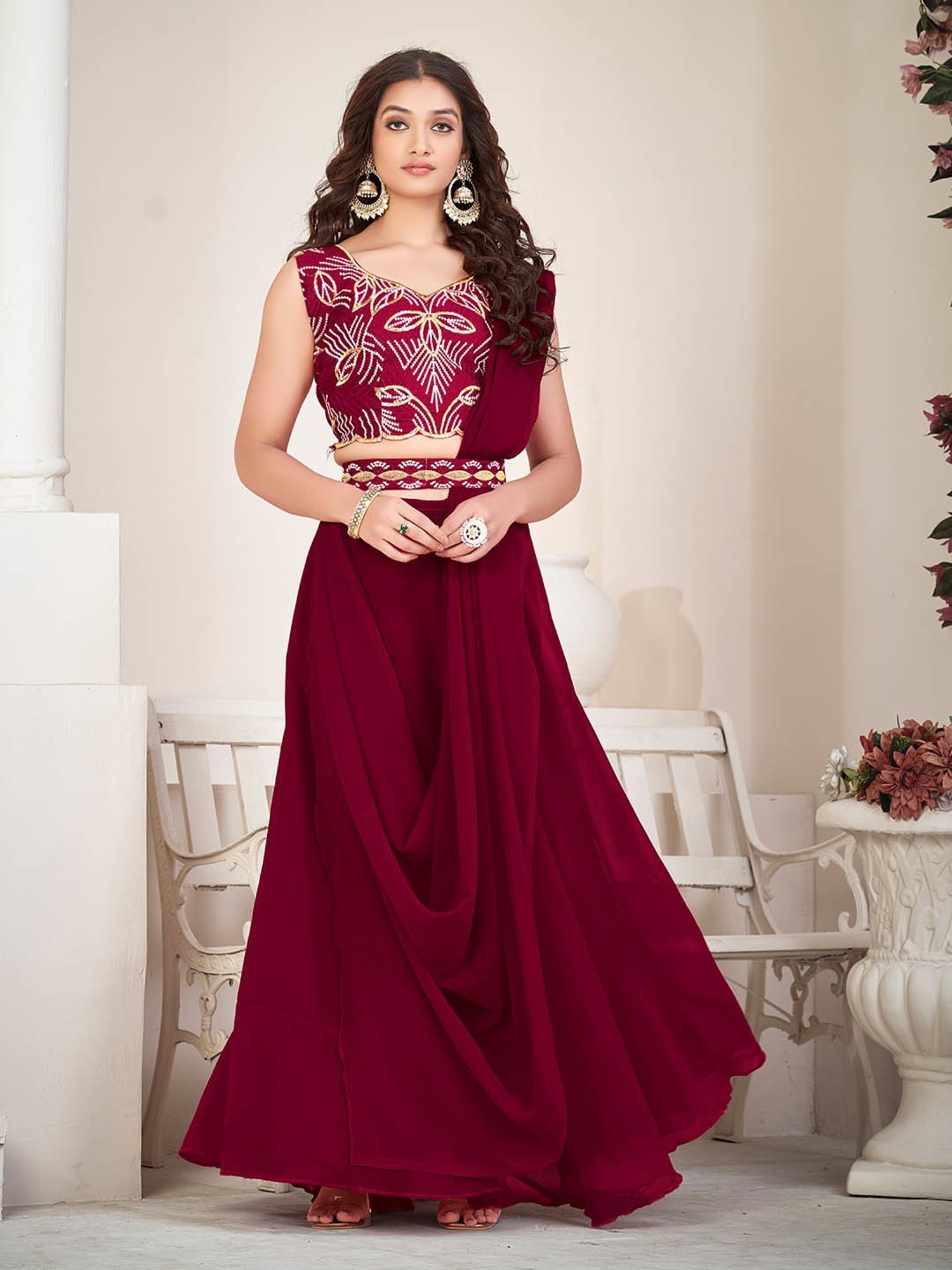 Warthy Ent Maroon Embroidered Lehenga Choli Set With Dupatta