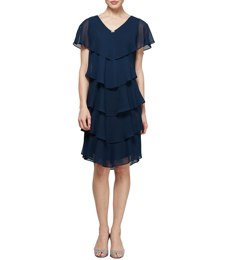 Kay Unger Long Bishop Sleeve V-Neck Crepe A-Line Dress