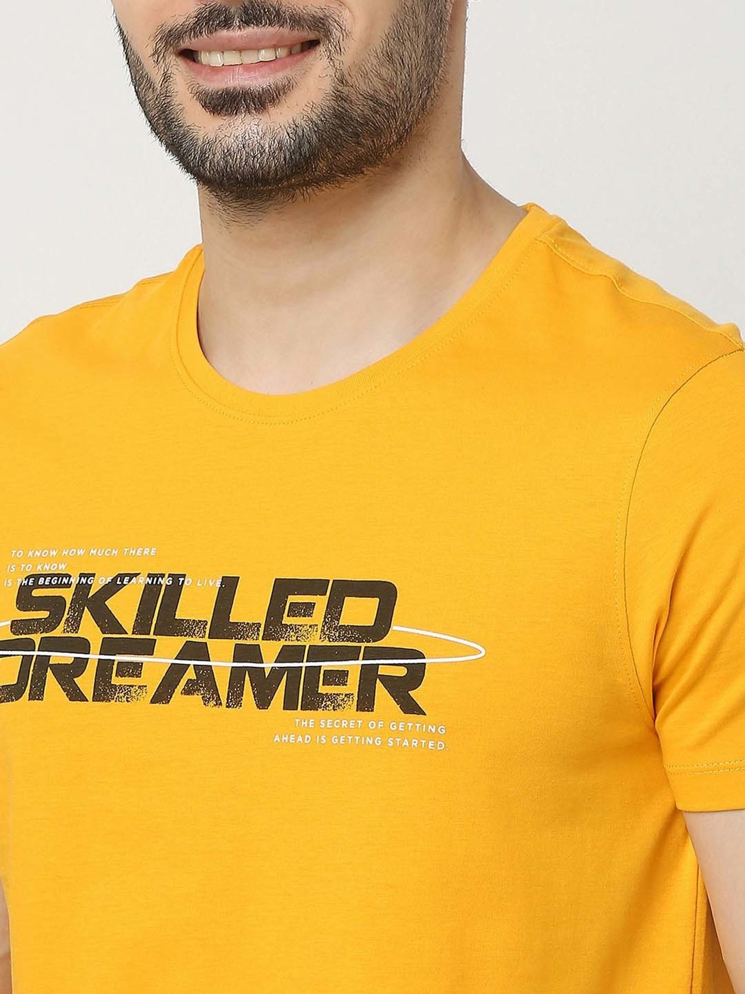 UnderJeans by Spykar Mustard Regular Fit Printed Cotton Crew T-Shirt