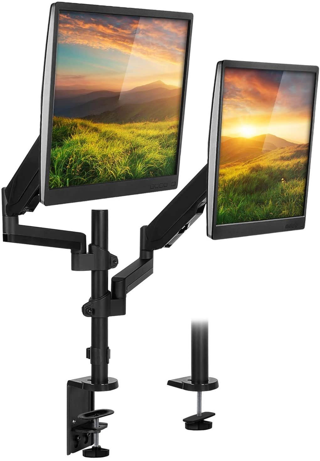 Dual Monitor Arm Mount Desk Stand | 2 Vertical Stackable Arms | Articulating Double Gas Springs Height Adjustable | Two 24 27 29 30 32 Inch VESA 75 100 Compatible Screens | Clamp and Grommet