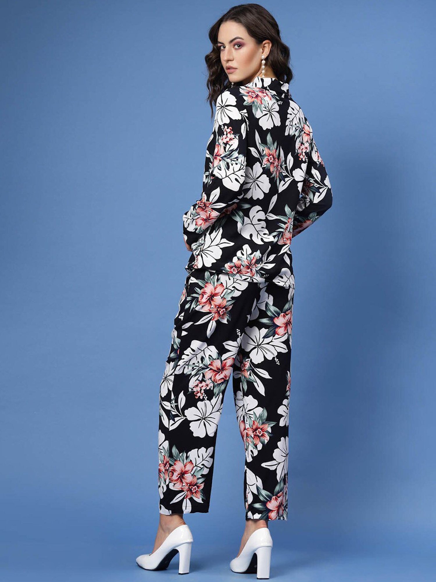 Melon by PlusS Black Floral Print Shirt With Trousers