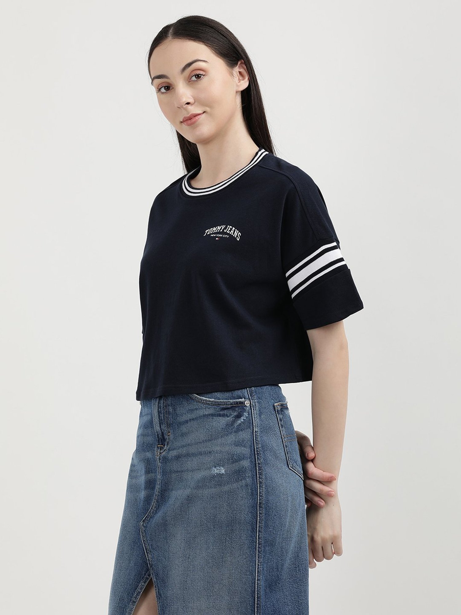 TOMMY HILFIGER Navy Embroidered Crop T-Shirt