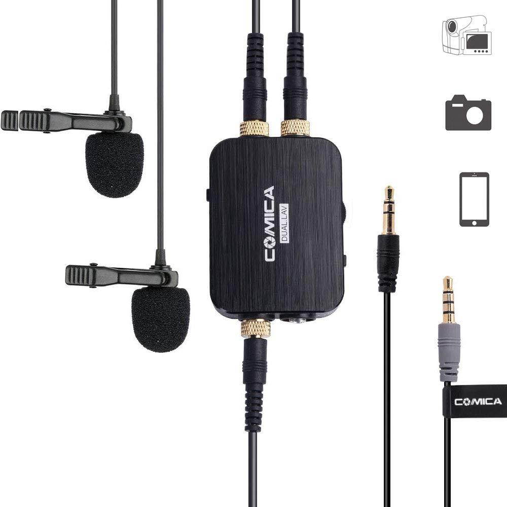 Comica CVM-D03 Dual Lavalier Lapel Microphone with Mono/Stereo Sound, Volume adjustment, Real-time monitoring, Portable Clip-on mic for Video Recording, Interview,Cameras Camcorders& Smartphone
