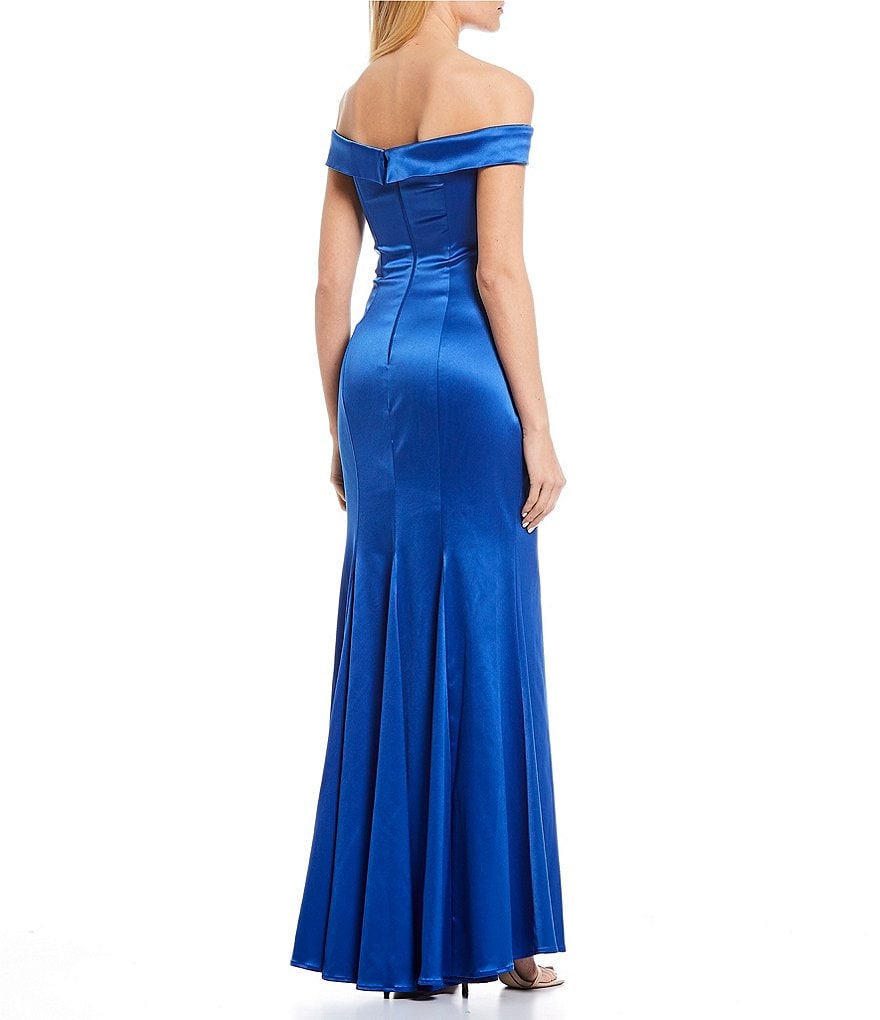 Sequin Hearts Off-The-Shoulder Side Slit Satin Wrap Long Dress