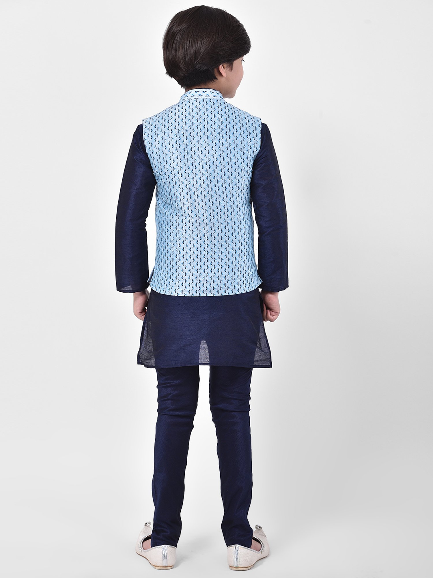 Deyann Kids Blue Printed Full Sleeves Kurta, Churidar Pants with Nehru Jacket