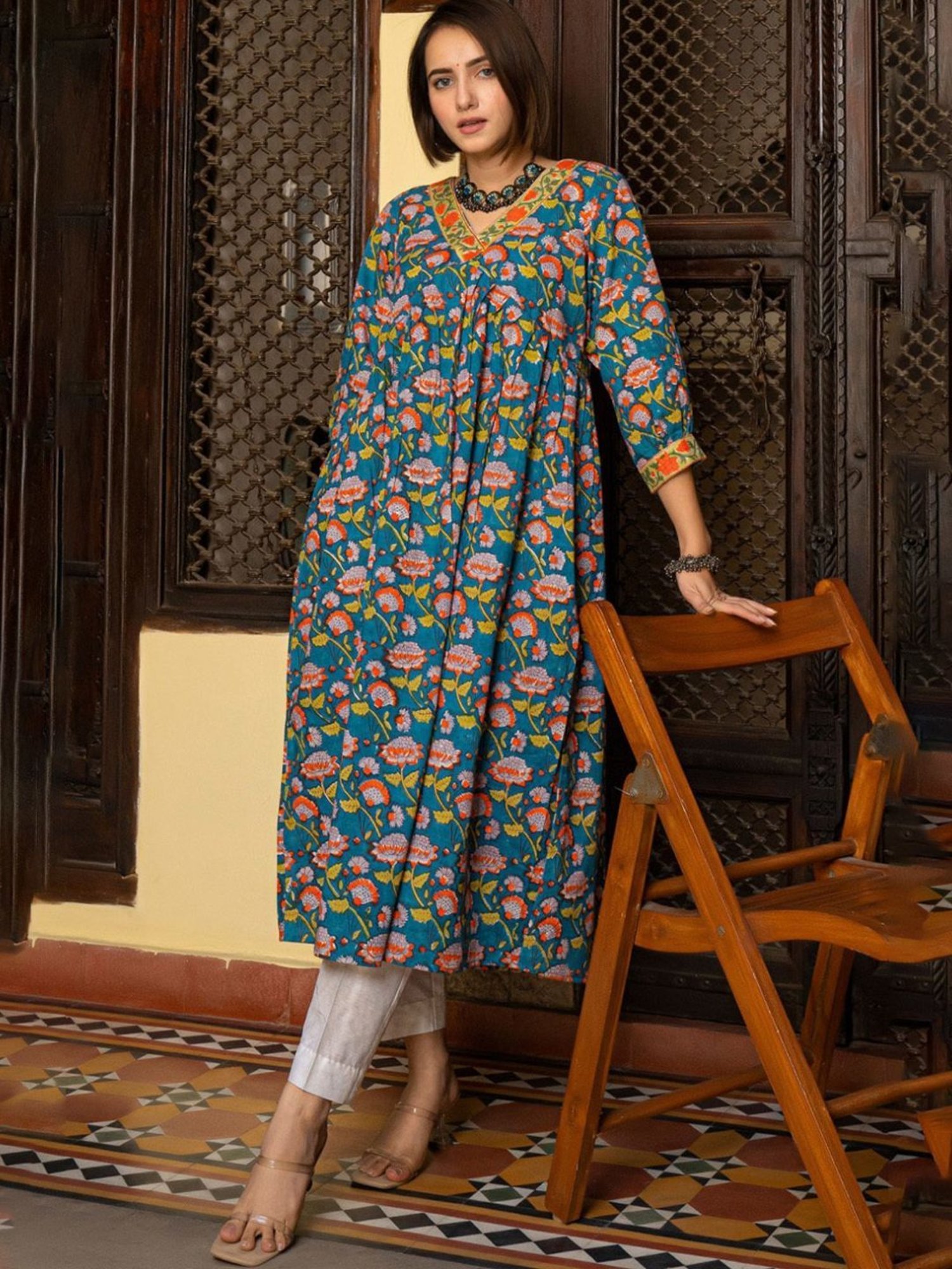 Eeshva India Blue & Orange Florest Jaal Hand Blocked Kurta In Cotton