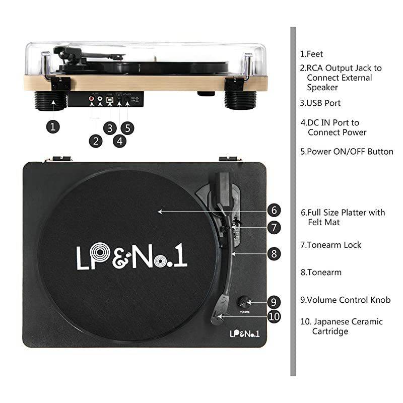 Bluetooth Vinyl Record Player, Belt-Drive Stereo Turntable for 3-Speed Vinyl Records with Convert Vinyl to Digital (Analog & USB), Built-in Speakers and RCA Output, Dark Brown