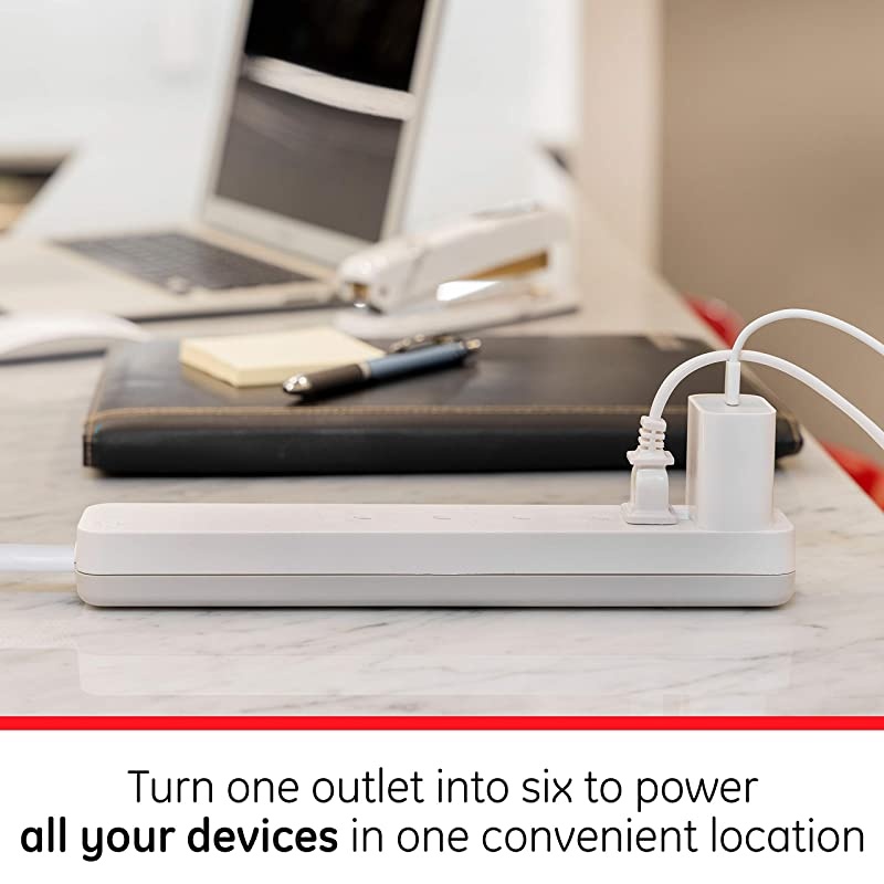 Power Strip Sur Protector 6 Outlets Flat Plug 4 ft Power Cord Wall Mount Warranty White 37210