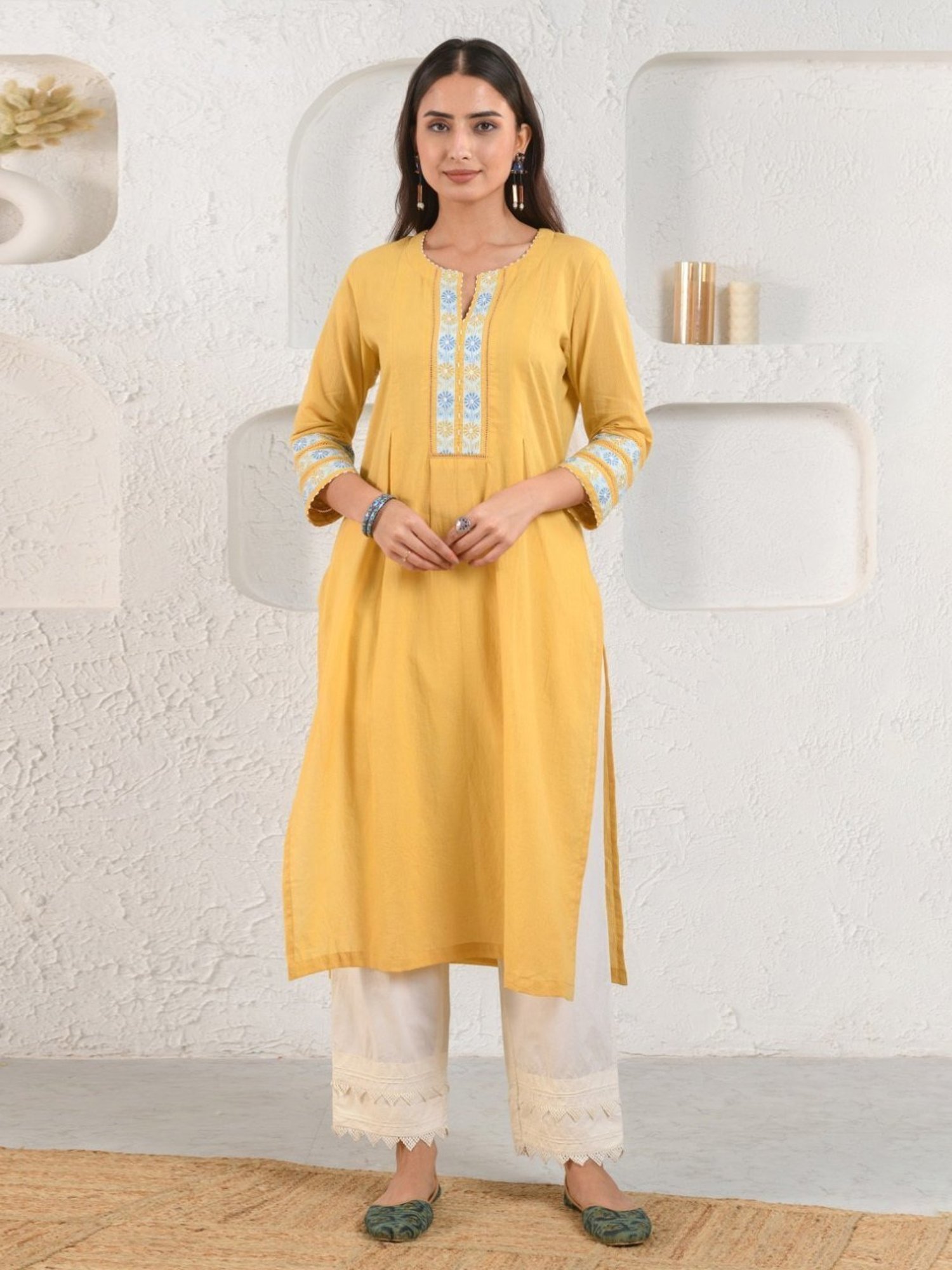 Prakriti Jaipur Yellow Embroidered Dobby Kurta