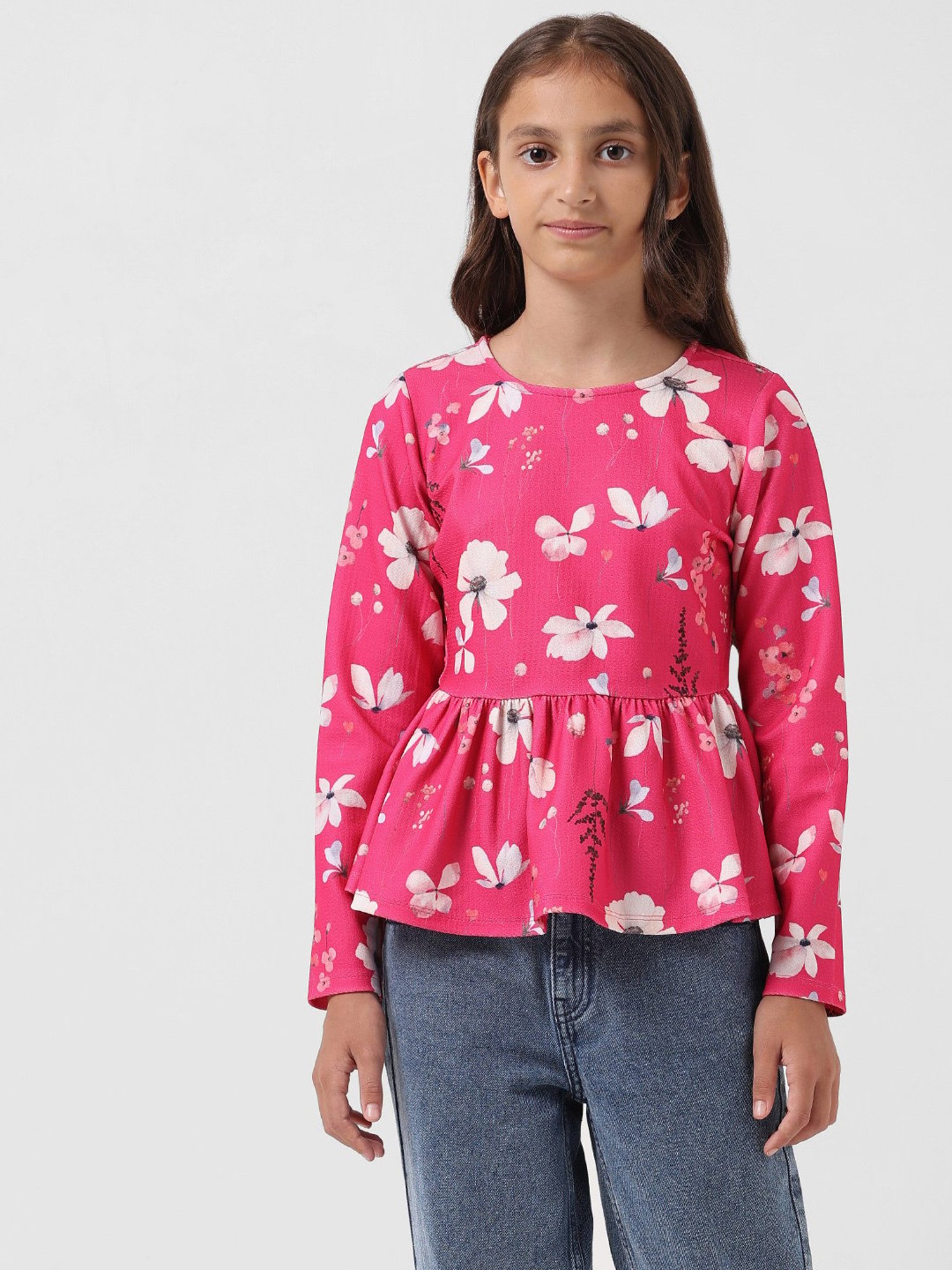VERO MODA GIRL Pink Floral Print Full Sleeves Peplum Top