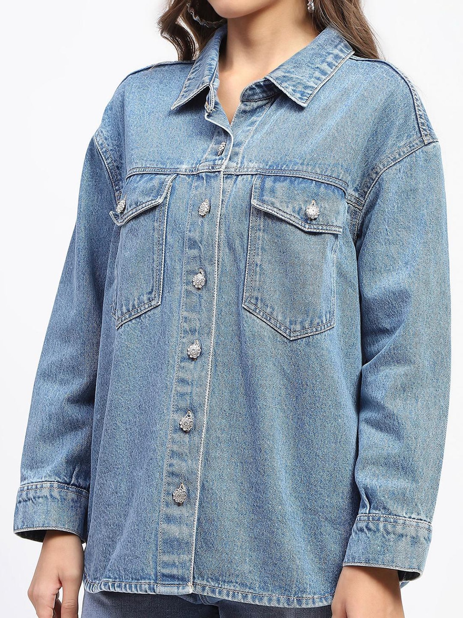 MADAME Blue Cotton Regular Fit Denim Jacket
