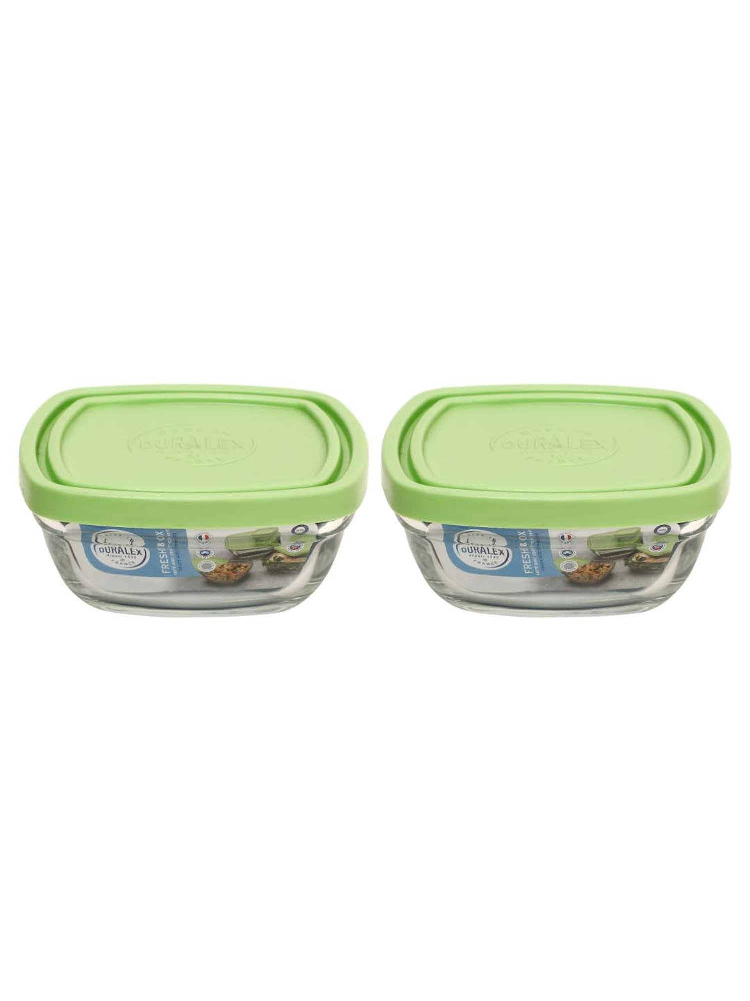 Duralex 'Freshbox' Transparent & Green Glass 11 cm Container With Lid (0.3 L) - Set of 2