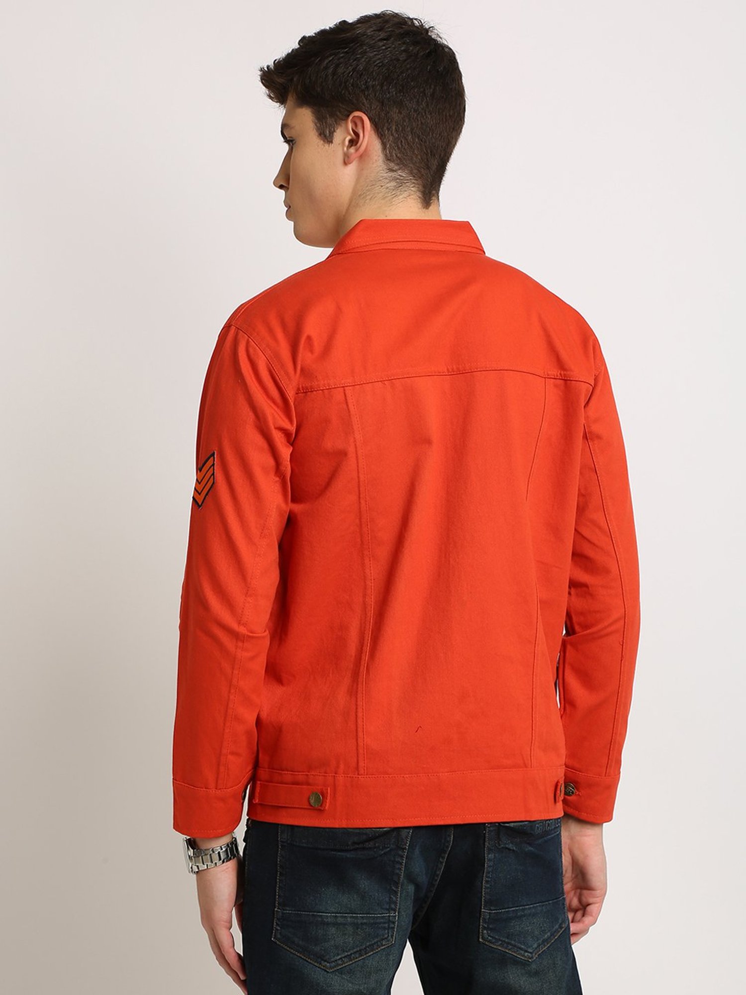 VOXATI Orange Full Sleeves Shirt Collar Denim Jacket