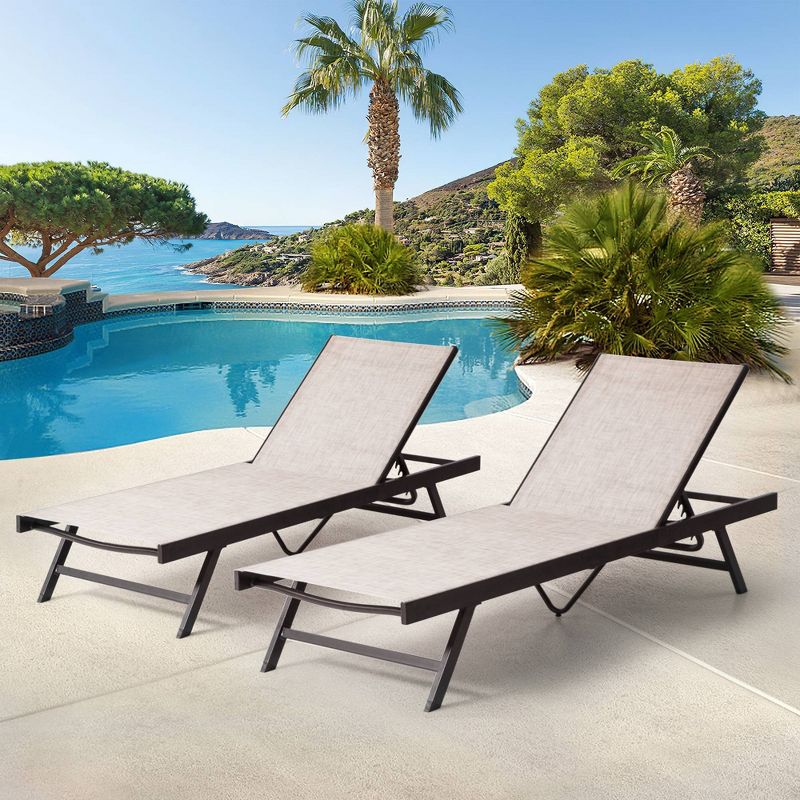 2pc Outdoor Aluminum Adjustable Chaise Lounge Chairs - Beige - Crestlive Products