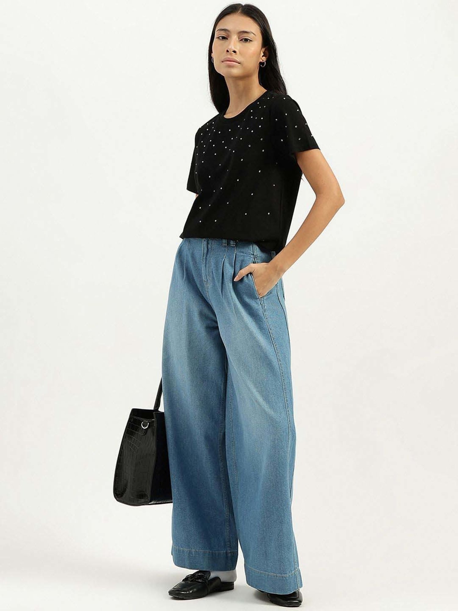 United Colors of Benetton Black Cotton Embellished T-Shirt