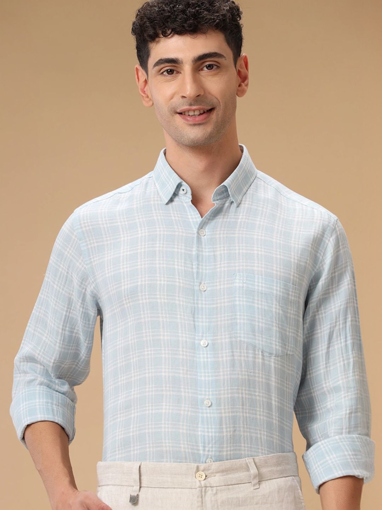 Linen Club Blue Linen Contemporary Fit Checks Shirt