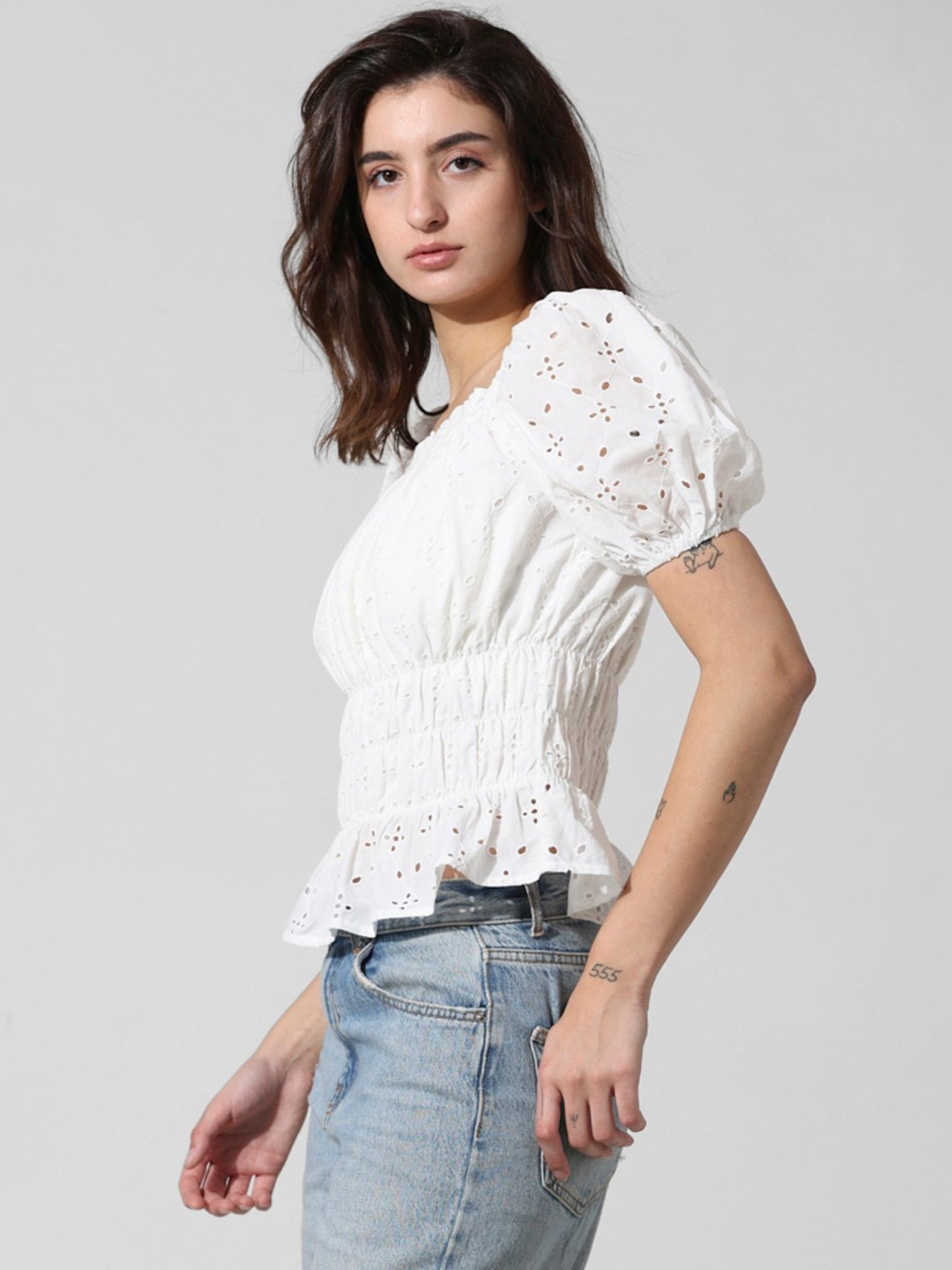 Only White Cotton Self Design Top