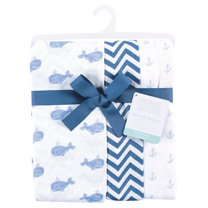 Hudson Baby Infant Boy Cotton Muslin Swaddle Blankets, Blue Whales, One Size