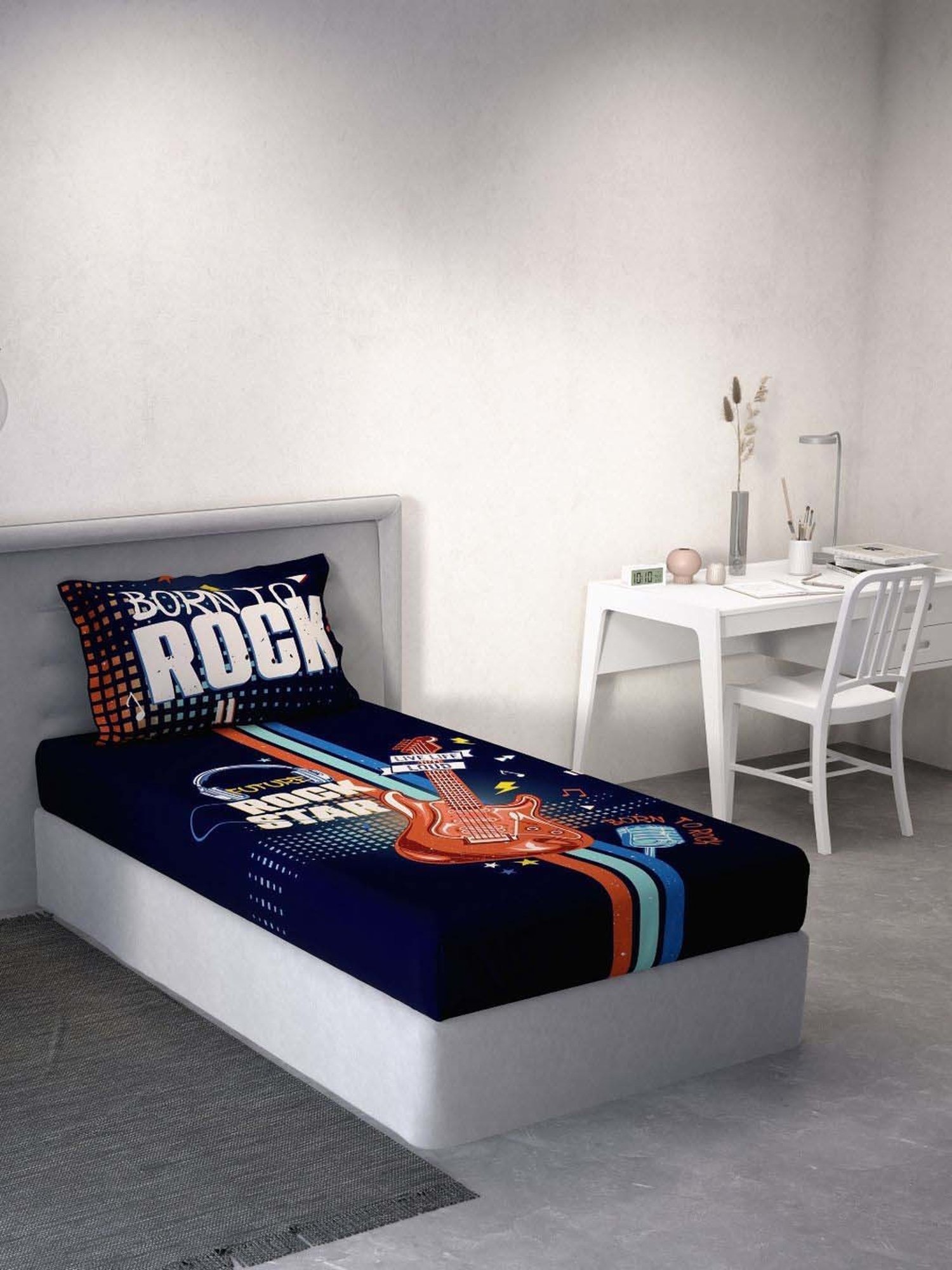 DDecor Rockstar Conversational Blue Cotton 136 TC Single Bedsheet With 1 Pillow Cover