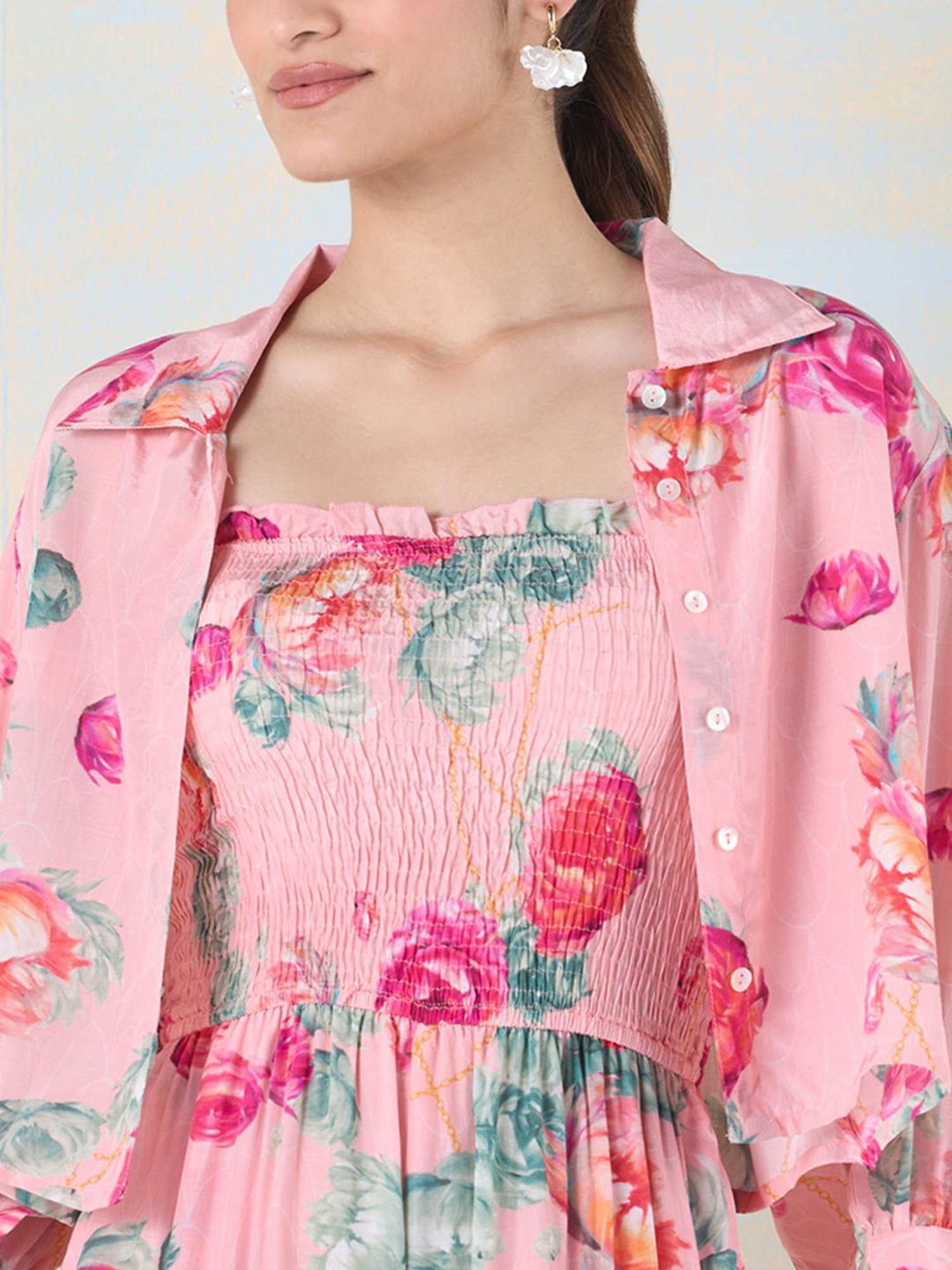 navyasa by liva Pink Floral Print Jumpsuit With Shirt