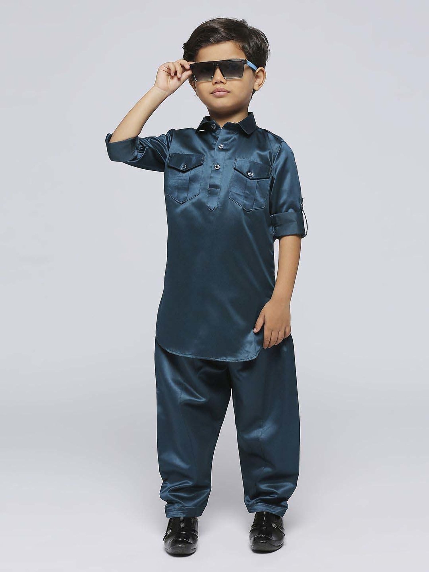 Kids Island Boys Green Solid Full Sleeves Kurta Set