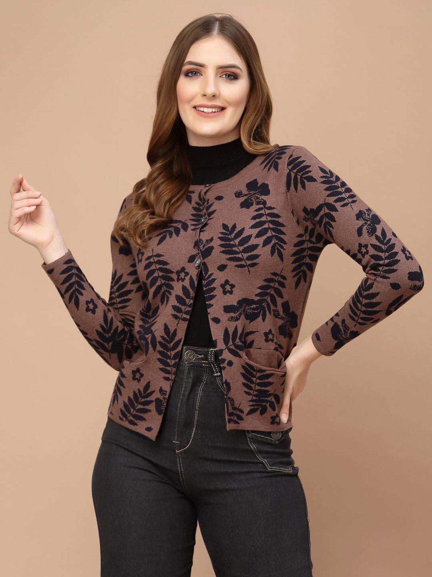 Mafadeny Brown Printed Cardigan