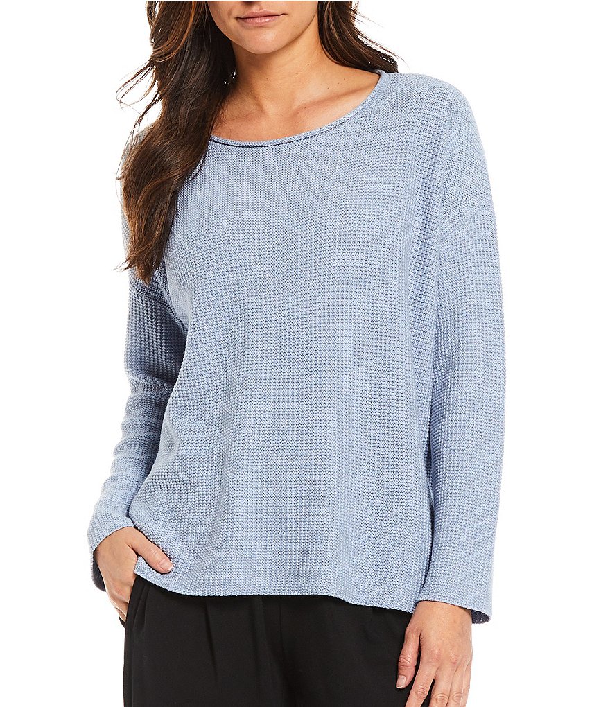 Eileen Fisher Petite Size Peruvian Organic Cotton Ballet Neck Long Sleeve Box Top