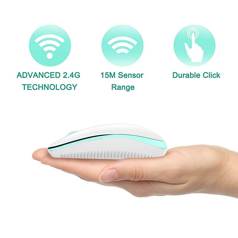 2.4G Slim Wireless Mouse with Nano Receiver, Less Noise, Portable Mobile Optical Mice for Notebook, PC, Laptop, Computer, MacBook MS001 (White and Green)