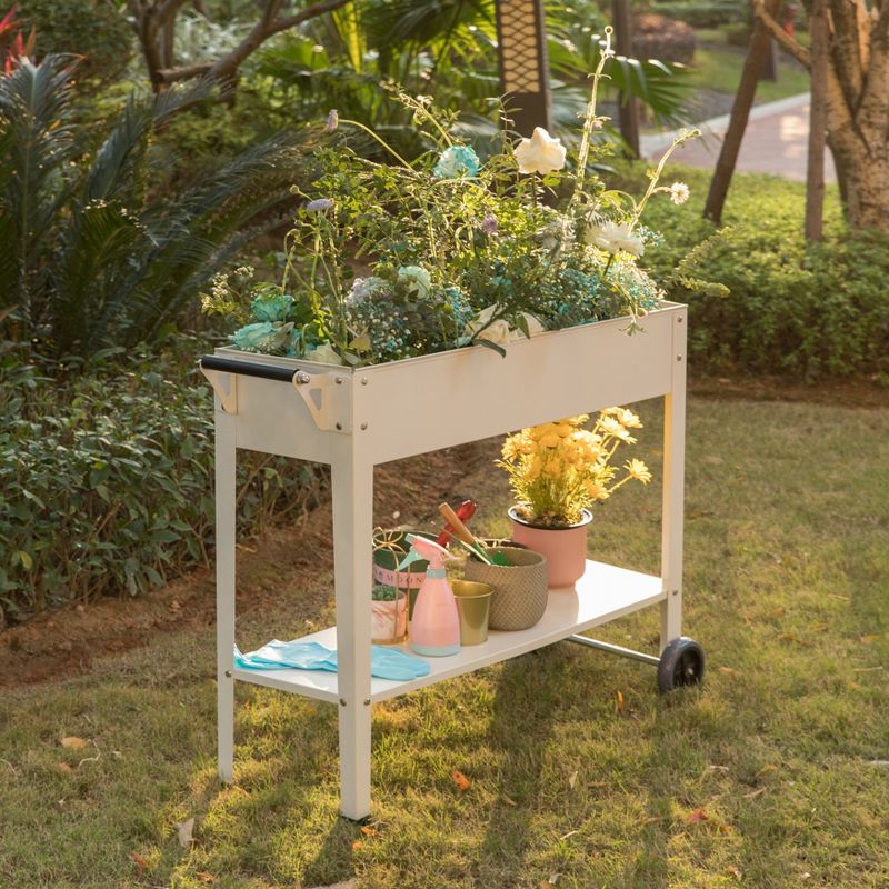 Gardenised Mobile Planter Raised Garden Bed Rectangular Flower Cart with Shelf