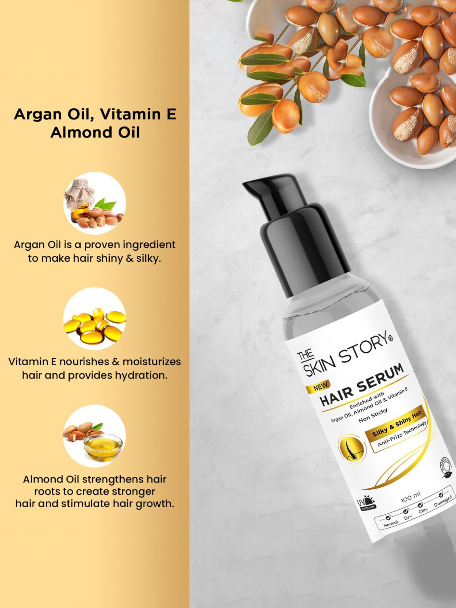 The Skin Story Argan Oil, Almond Oil & Vitamin E Silky & Shiny Hair Serum - 100 ml