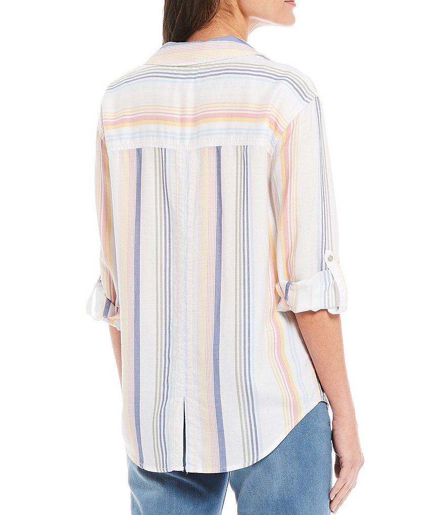 Westbound Petite Size Candy Stripe Roll Sleeve Button Front Shirt