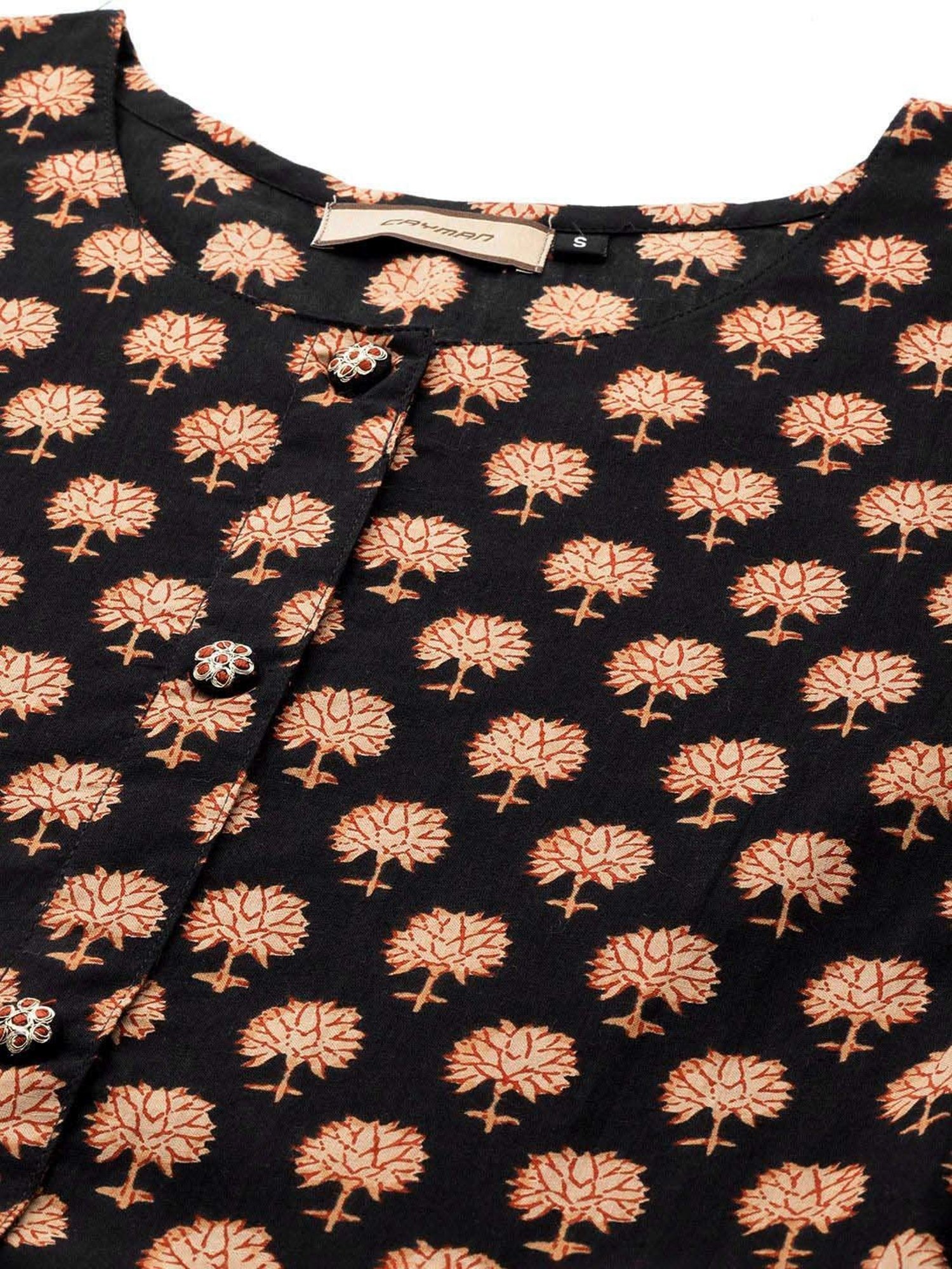 Cayman Black Cotton Floral Print A Line Kurta